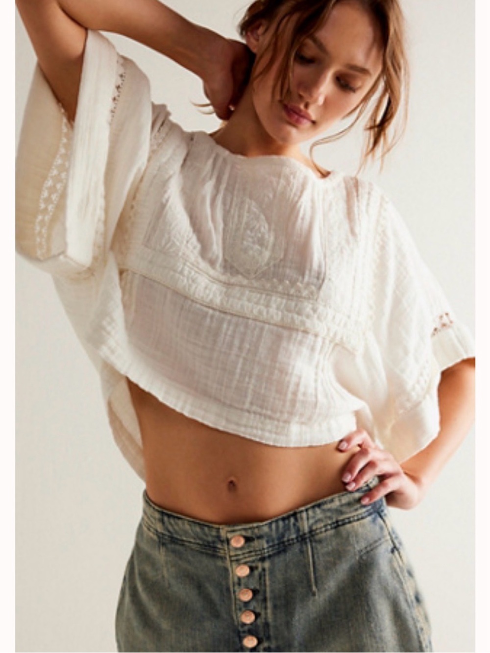 Free People Eden Lace Tee Optic White Crochet Blouse Size L